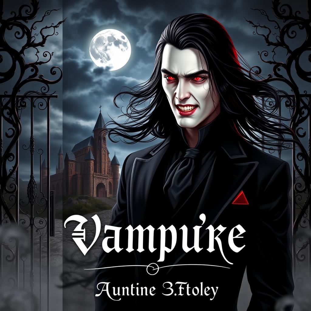 A captivating book cover design featuring a striking vampire character set against a gothic backdrop