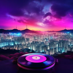 Fantasy version of Seoul at twilight, brought to life with vibrant neon lights and ethereal skyscrapers. Add elements of lo-fi culture like, vinyl record, headphone and calm atmosphere. Craft an album cover with this stunning background.