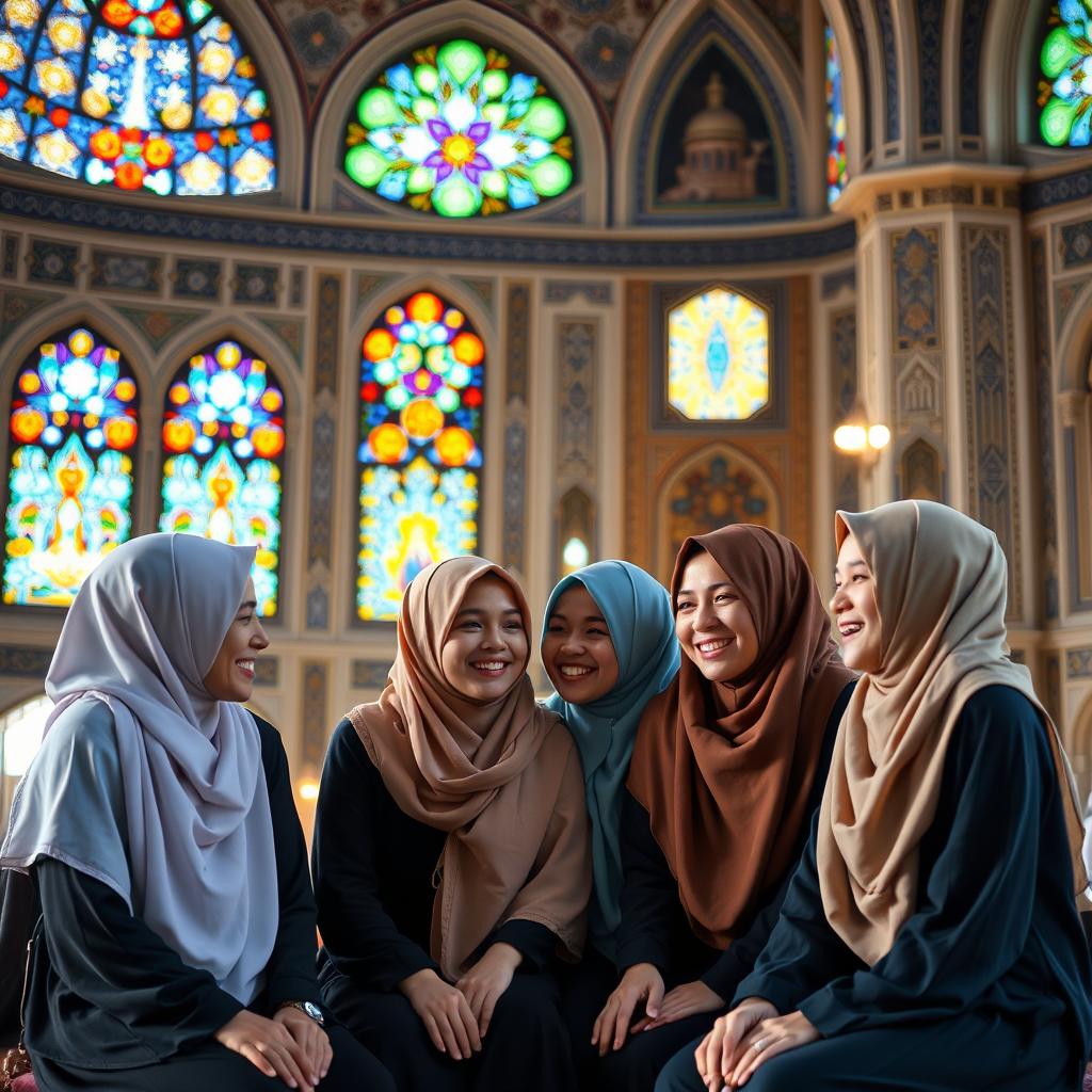 Four girls wearing hijabs sitting together in a beautiful mosque