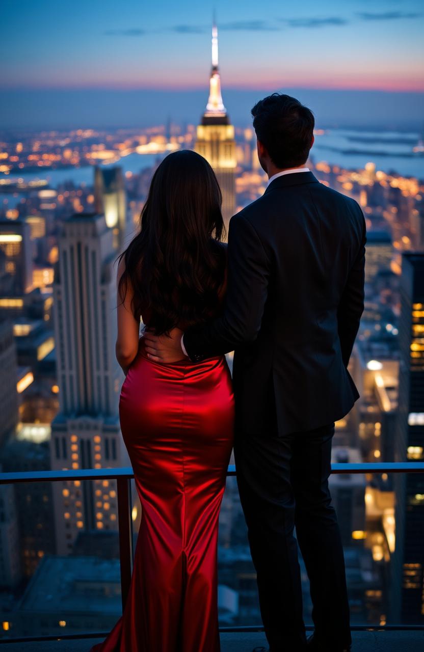 An Italian man with dark hair in a sharp suit stands beside a woman with long dark hair wearing a form-fitting long red silk dress