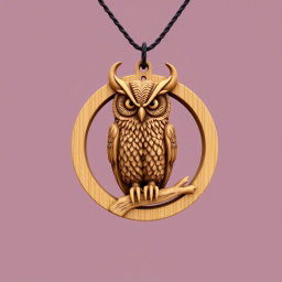 A detailed design of a horned owl inside a circular frame, with the owl's feet perched on a single wooden branch