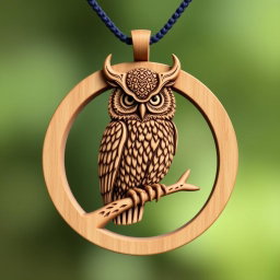 A detailed design of a horned owl inside a circular frame, with the owl's feet perched on a single wooden branch