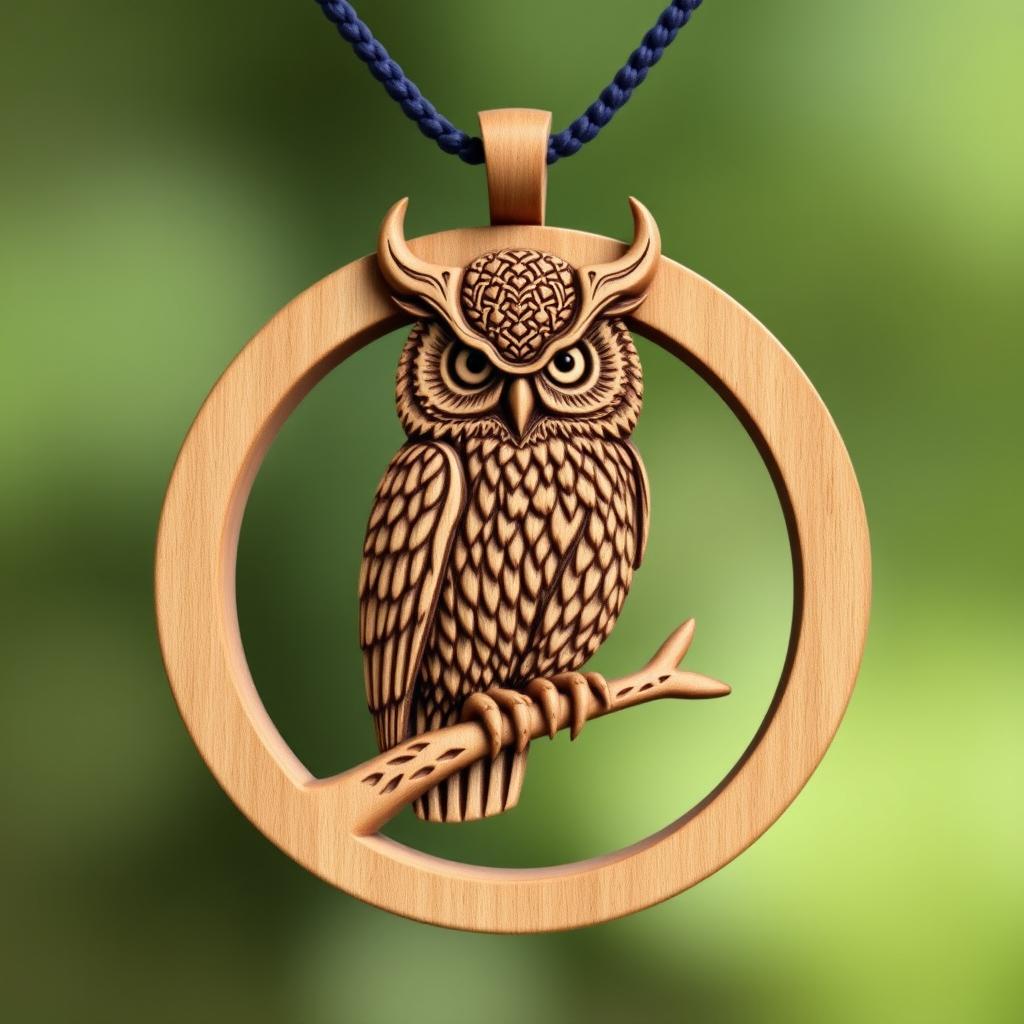 A detailed design of a horned owl inside a circular frame, with the owl's feet perched on a single wooden branch