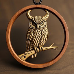 A detailed design of a horned owl inside a circular frame, with the owl's feet perched on a single wooden branch