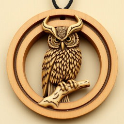 A detailed design of a horned owl inside a circular frame, with the owl's feet perched on a single wooden branch