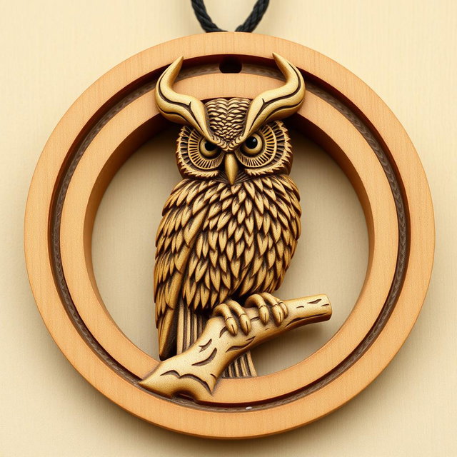 A detailed design of a horned owl inside a circular frame, with the owl's feet perched on a single wooden branch