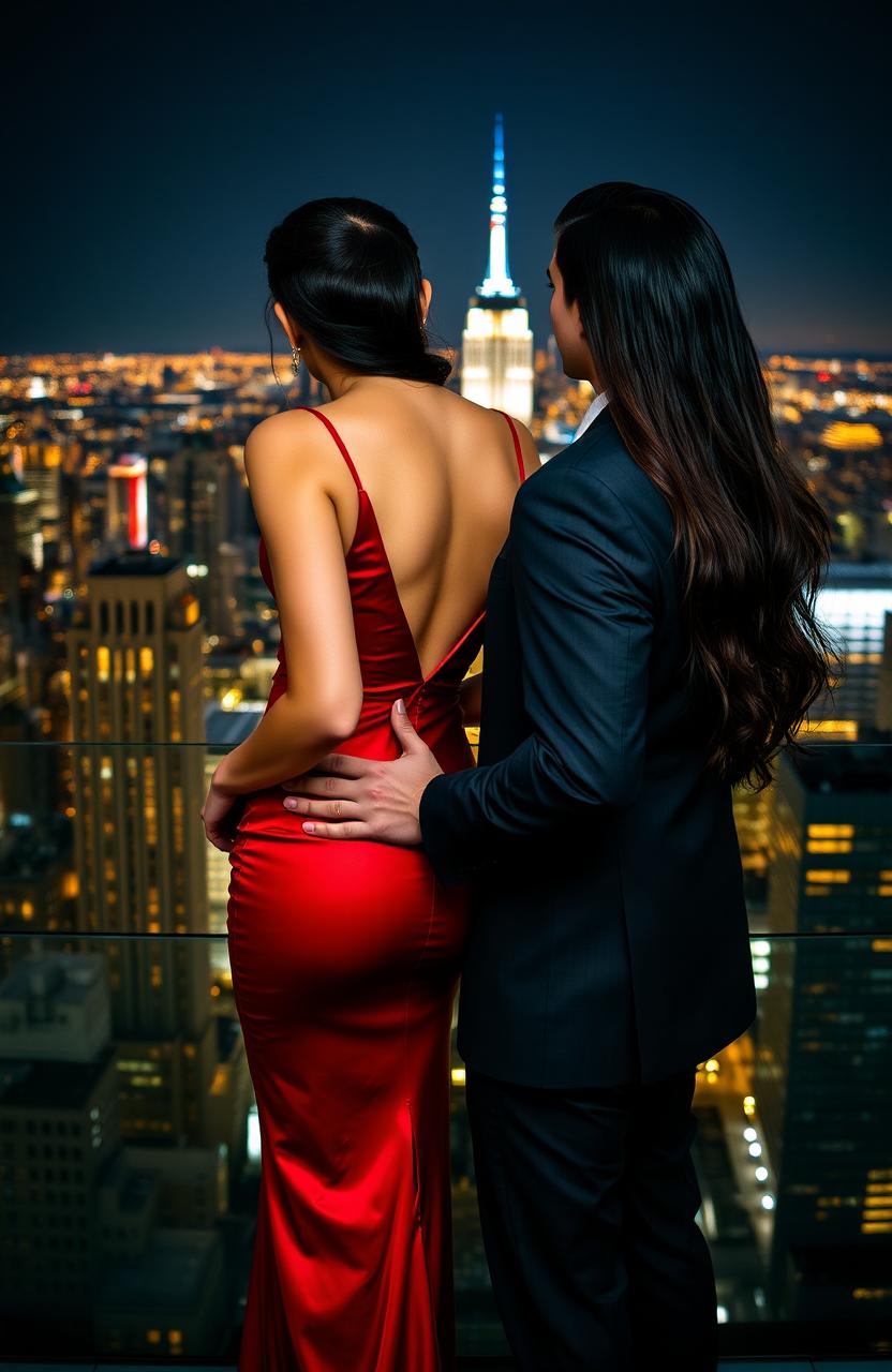 An Italian man with dark hair, dressed in a sharp suit, stands confidently beside a woman with long flowing dark hair, who is wearing a glamorous long red silk tight dress