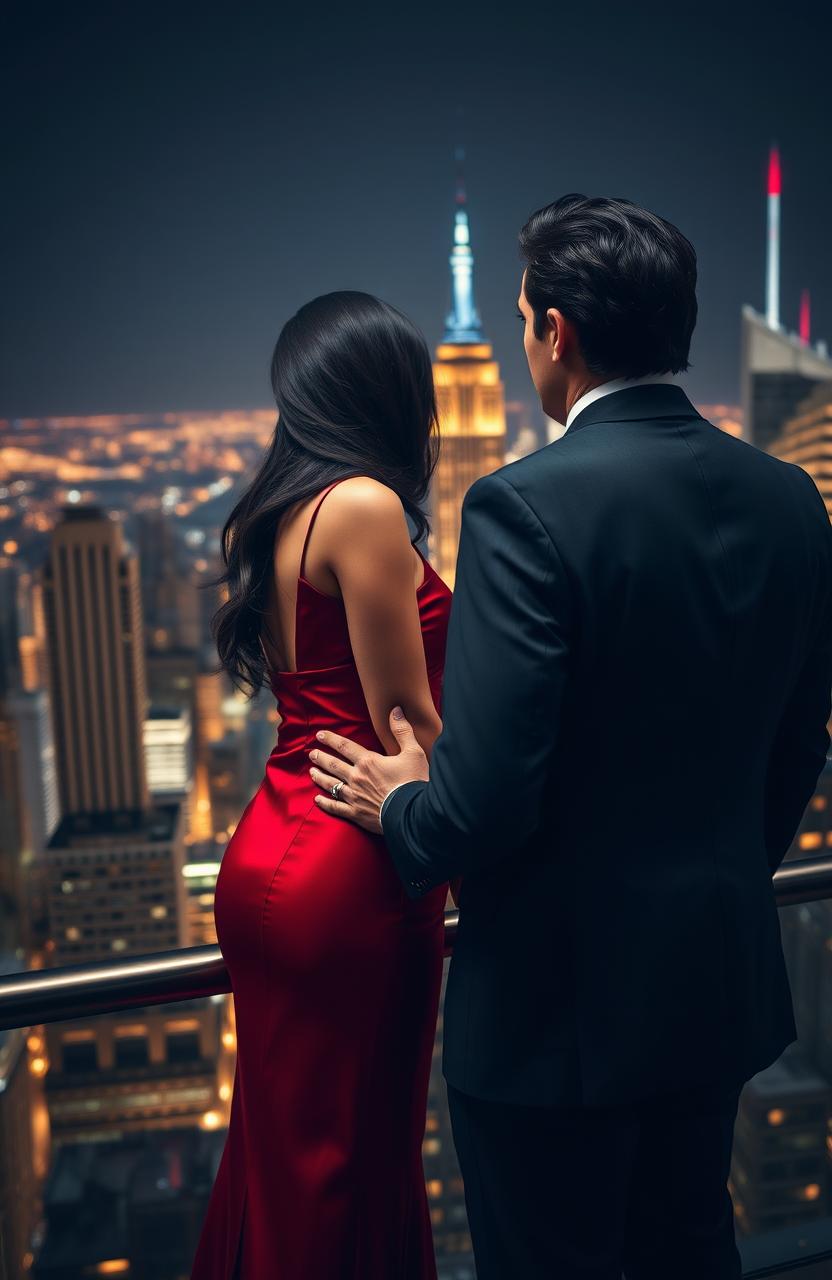 An elegant Italian man with dark hair, dressed in a sharp suit, stands alongside a woman with luxurious long dark hair