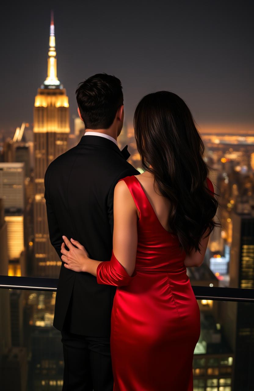 An Italian man with short dark hair and lightly tanned skin, appearing slightly muscular and sophisticated, dressed in an elegant suit, stands with a woman who has long dark hair