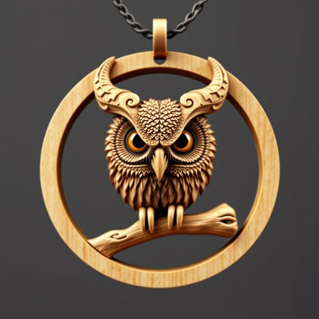A detailed design of a horned owl's head encased in a circular frame, with the owl's feet resting on a single wooden branch