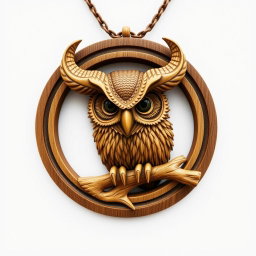 A detailed design of a horned owl's head encased in a circular frame, with the owl's feet resting on a single wooden branch