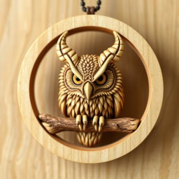A detailed design of a horned owl's head encased in a circular frame, with the owl's feet resting on a single wooden branch