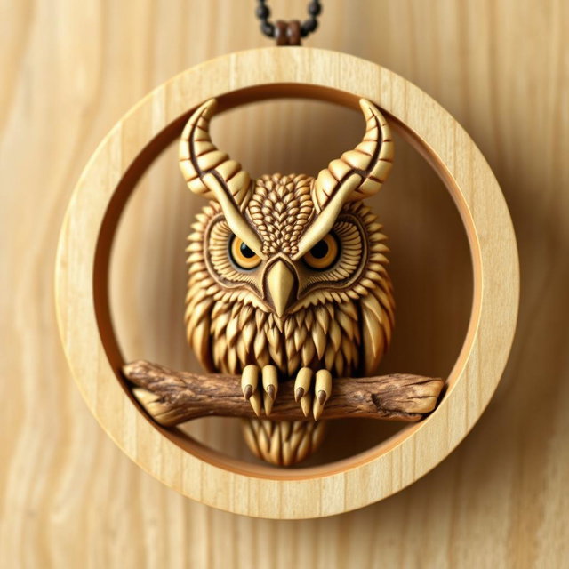A detailed design of a horned owl's head encased in a circular frame, with the owl's feet resting on a single wooden branch