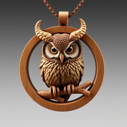 A detailed design of a horned owl's head encased in a circular frame, with the owl's feet resting on a single wooden branch