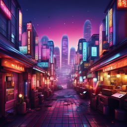 Fantasy version of Seoul at twilight, brought to life with vibrant neon lights and ethereal skyscrapers. Add elements of lo-fi culture like, vinyl record, headphone and calm atmosphere. Craft an album cover with this stunning background.