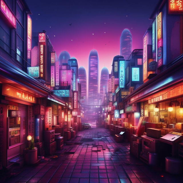 Fantasy version of Seoul at twilight, brought to life with vibrant neon lights and ethereal skyscrapers. Add elements of lo-fi culture like, vinyl record, headphone and calm atmosphere. Craft an album cover with this stunning background.