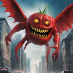 This is a digital art image of a colossal flying rotten tomato monster with a menacing face, featuring two glowing red eyes and a wicked mouth with square teeth