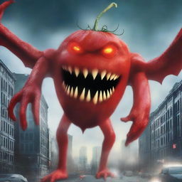 This is a digital art image of a colossal flying rotten tomato monster with a menacing face, featuring two glowing red eyes and a wicked mouth with square teeth