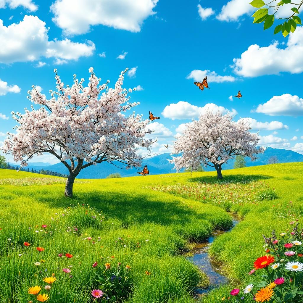 A vibrant spring landscape featuring blooming cherry blossom trees, lush green grass, and colorful wildflowers in a sunny meadow