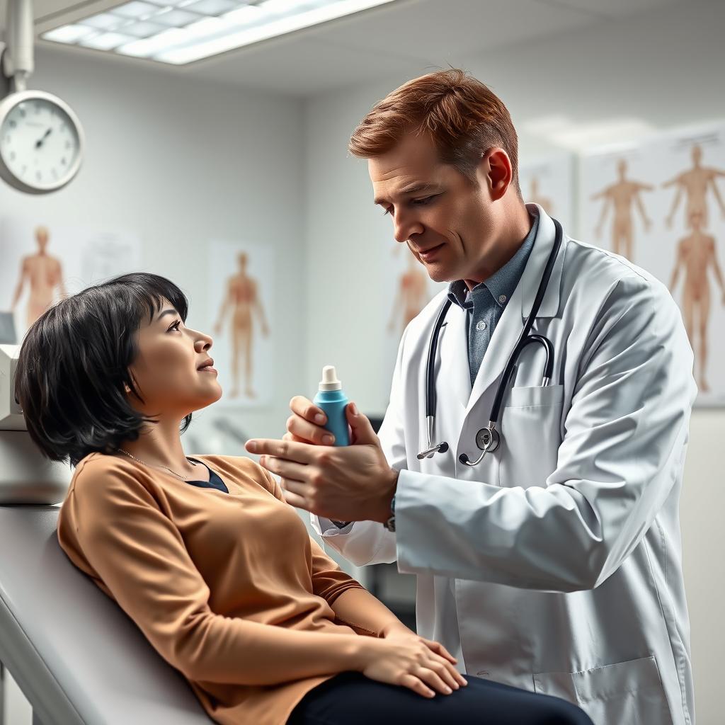 A medical scene depicting a doctor treating a patient experiencing epistaxis (nosebleed)