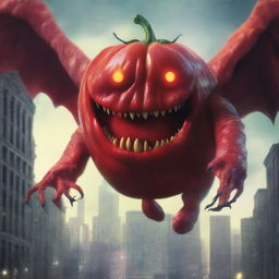 This is a digital art image of a colossal flying rotten tomato monster with a menacing face, featuring two glowing red eyes and a wicked mouth with square teeth