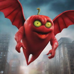 This is a digital art image of a colossal flying rotten tomato monster with a menacing face, featuring two glowing red eyes and a wicked mouth with square teeth