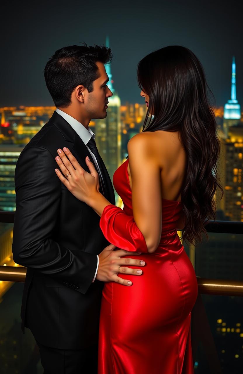 An Italian man with short dark hair and lightly tanned skin, dressed in a sophisticated suit, stands alongside a woman with long dark hair, adorned in a long, tight-fitting red silk dress