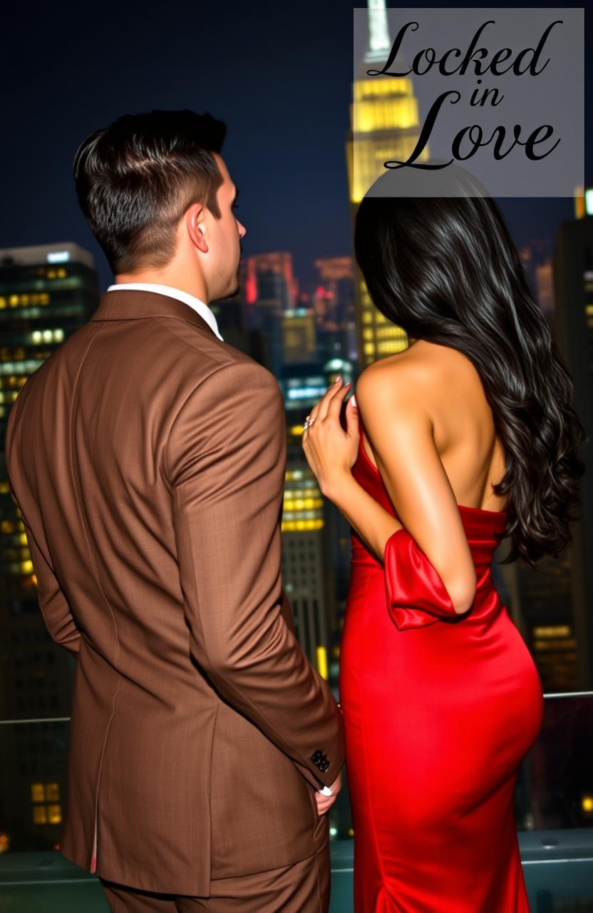 An Italian man with short dark hair and lightly tanned skin, dressed in a sophisticated suit, stands next to a woman with long dark hair, elegantly adorned in a long, tight-fitting red silk dress