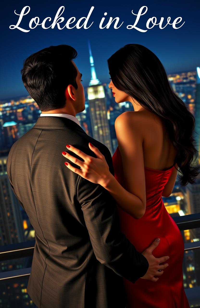 An Italian man with short dark hair and lightly tanned skin, dressed in an elegant suit, stands with a beautiful woman who has long dark hair, wearing a long, tight, red silk dress