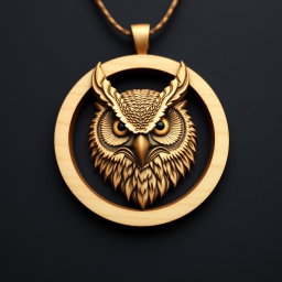 A detailed design of a horned owl's head enclosed in a circular frame, intended for a wooden necklace