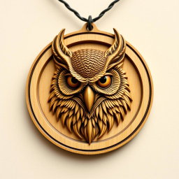 A detailed design of a horned owl's head enclosed in a circular frame, intended for a wooden necklace