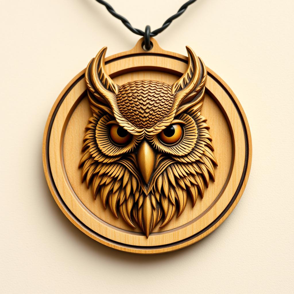 A detailed design of a horned owl's head enclosed in a circular frame, intended for a wooden necklace