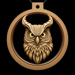 A detailed design of a horned owl's head enclosed in a circular frame, intended for a wooden necklace