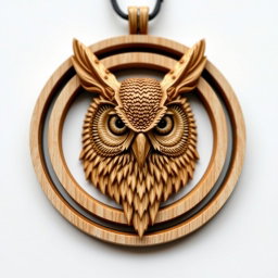 A detailed design of a horned owl's head enclosed in a circular frame, intended for a wooden necklace