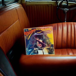 A vibrant album cover with rock n' roll artwork, lying on the worn leather seat of a vintage car, imbuing a sense of nostalgia.