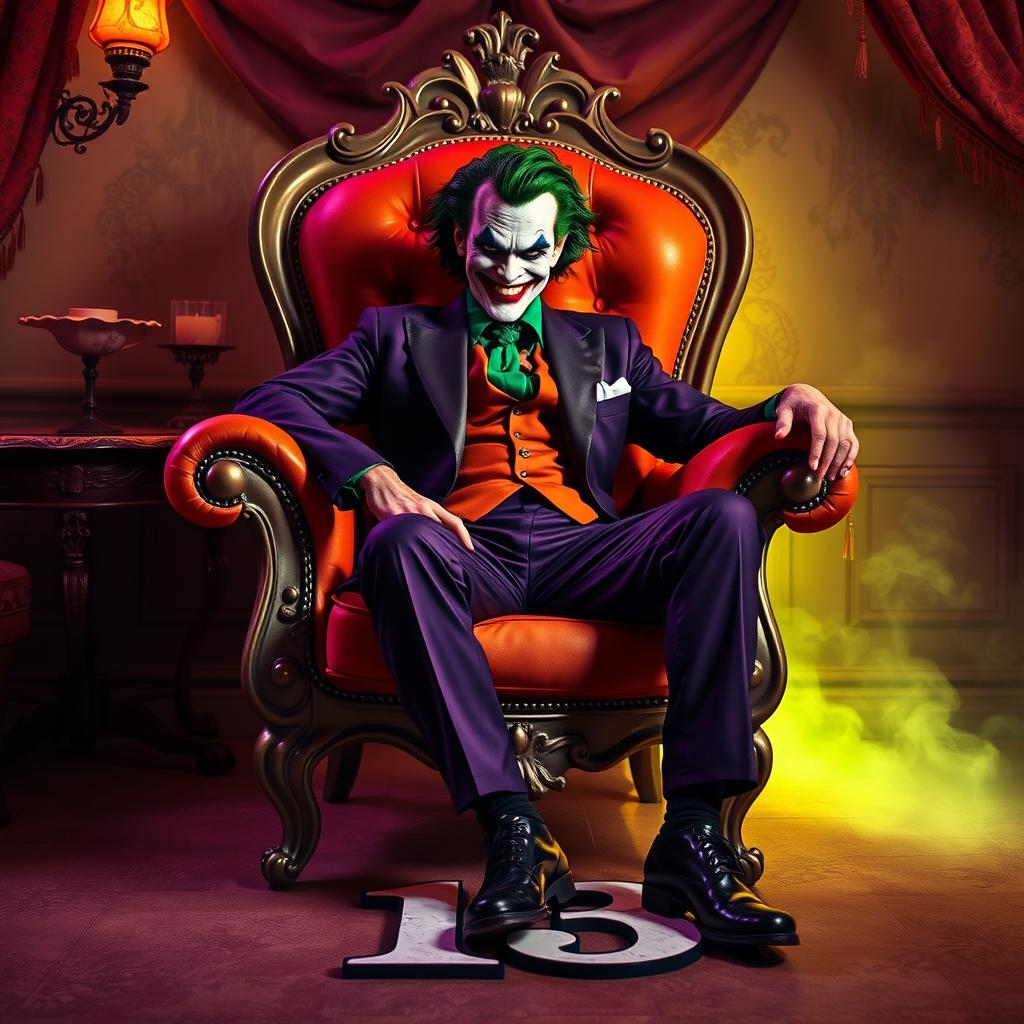 A Joker character, portrayed as a man, sitting elegantly on a beautiful chair