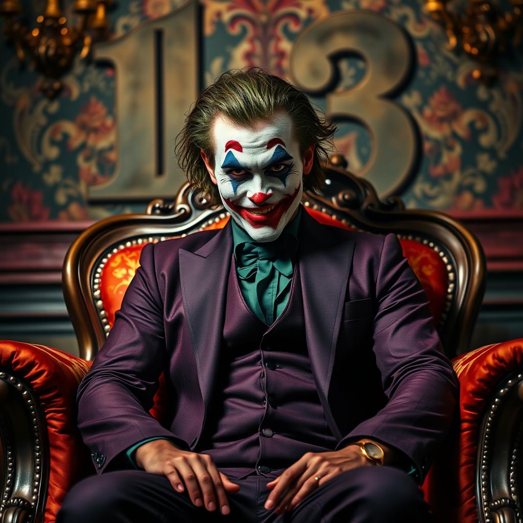 A captivating portrait of a Joker character, depicted as a man sitting comfortably on a beautiful, ornate chair