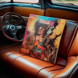 A vibrant album cover with rock n' roll artwork, lying on the worn leather seat of a vintage car, imbuing a sense of nostalgia.