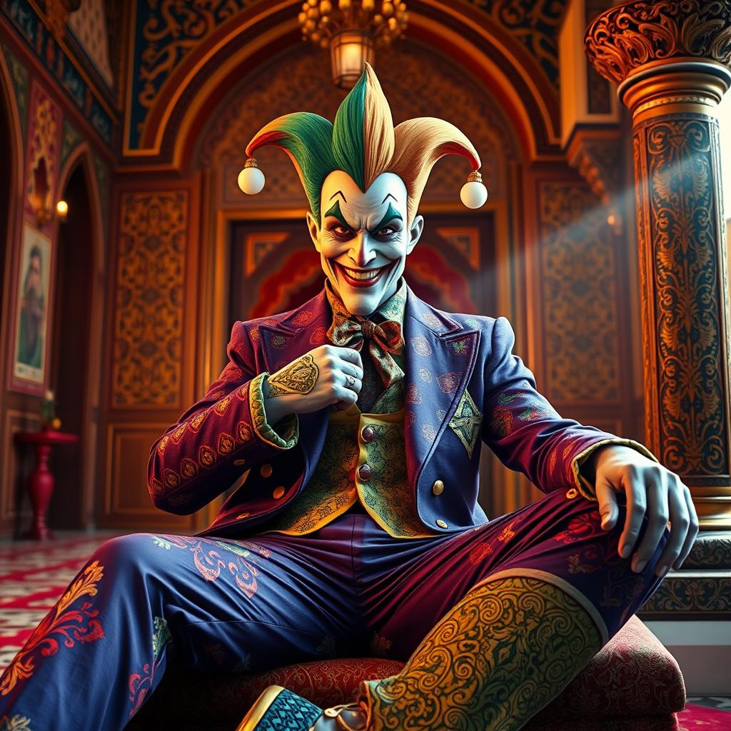 A stunning visual of a seated joker character, embodying a playful yet mysterious aura, portrayed in a vibrant setting that reflects the rich culture of Isfahan