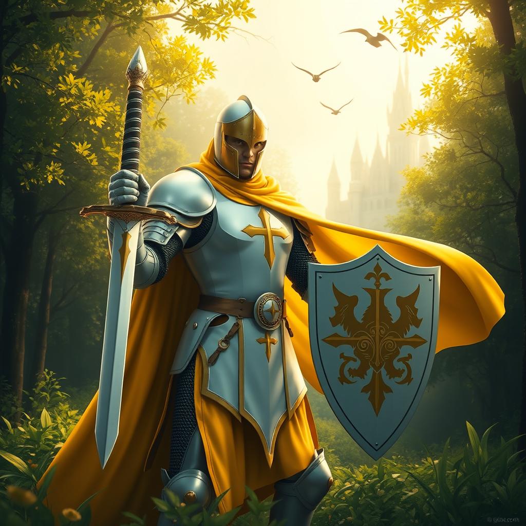 A heroic knight clad in sleek, white armor with striking yellow accents, standing bravely in a lush green forest