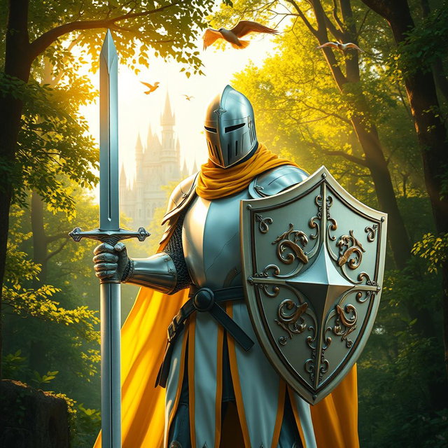 A heroic knight clad in sleek, white armor with striking yellow accents, standing bravely in a lush green forest