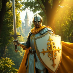 A heroic knight clad in sleek, white armor with striking yellow accents, standing bravely in a lush green forest