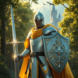 A heroic knight clad in sleek, white armor with striking yellow accents, standing bravely in a lush green forest