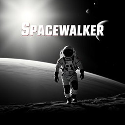 A monochrome movie poster for the film "Spacewalker", featuring two Soviet cosmonauts in vintage spacesuits stepping confidently into the vast emptiness of outer space