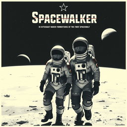 A monochrome movie poster for the film "Spacewalker", featuring two Soviet cosmonauts in vintage spacesuits stepping confidently into the vast emptiness of outer space