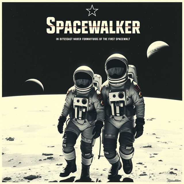 A monochrome movie poster for the film "Spacewalker", featuring two Soviet cosmonauts in vintage spacesuits stepping confidently into the vast emptiness of outer space