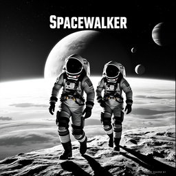 A monochrome movie poster for the film "Spacewalker", featuring two Soviet cosmonauts in vintage spacesuits stepping confidently into the vast emptiness of outer space