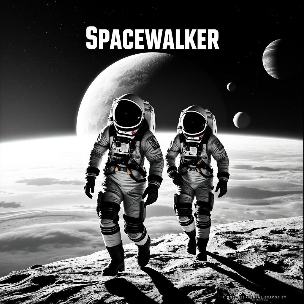 A monochrome movie poster for the film "Spacewalker", featuring two Soviet cosmonauts in vintage spacesuits stepping confidently into the vast emptiness of outer space