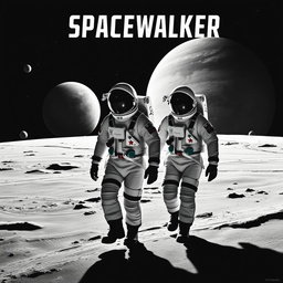 A monochrome movie poster for the film "Spacewalker", featuring two Soviet cosmonauts in vintage spacesuits stepping confidently into the vast emptiness of outer space