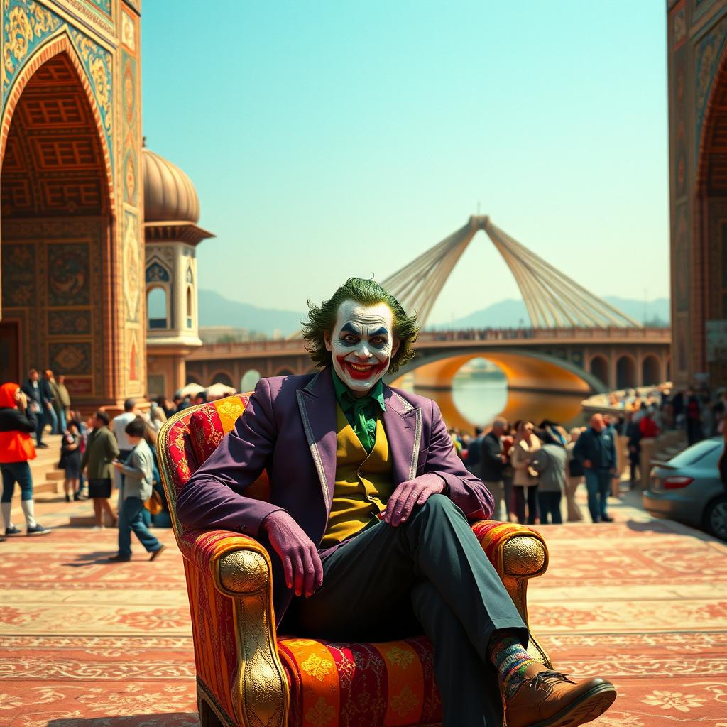 A vibrant scene of the Joker sitting on a colorful chair in Isfahan, surrounded by beautiful historical Persian architecture